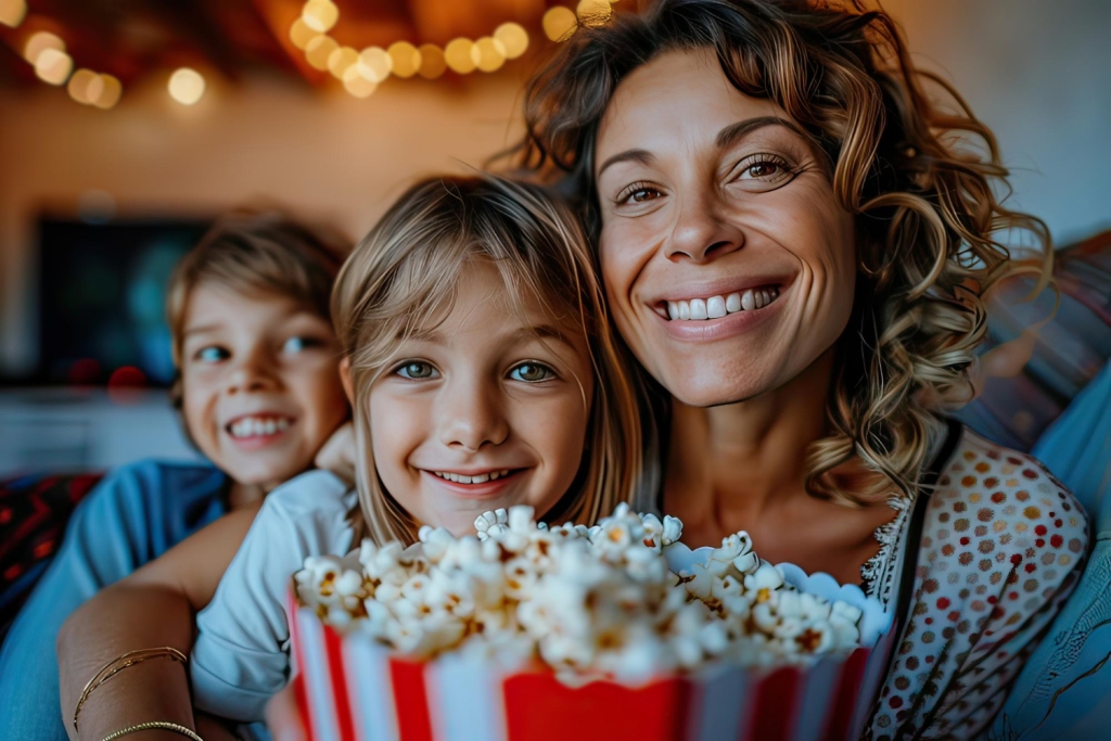 dia das mães com filme e pipoca, mães e duas crianças filho e filha